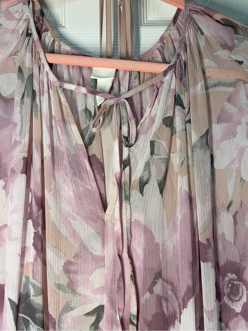 H&M Pink and Cream Floral Tiered Maxi Dress with Tie Neck - Picture 3 of 8